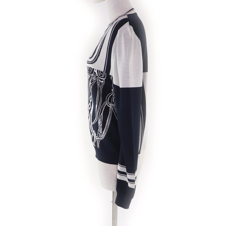 美品★HERMES エルメス 24SS 4E2655D6 Brides de Gala 無秩序 シルク混 ブルー・ノワール ロゴ刺繍 インターシャ編み 長袖 ニット 38