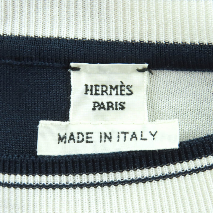 美品★HERMES エルメス 24SS 4E2655D6 Brides de Gala 無秩序 シルク混 ブルー・ノワール ロゴ刺繍 インターシャ編み 長袖 ニット 38