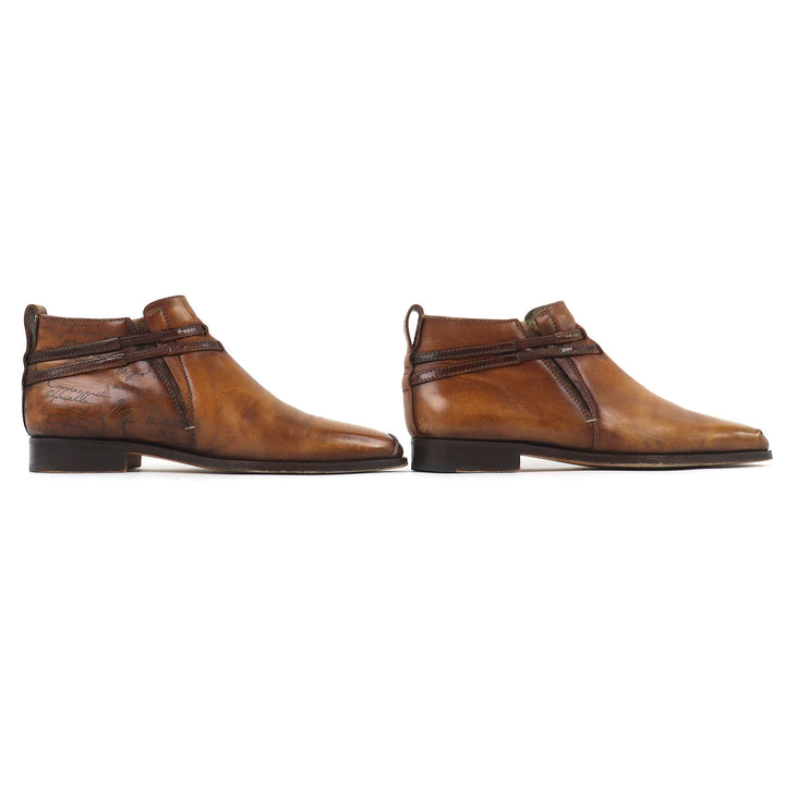 美品△Berluti ベルルッティ レザー オルガ期 スカーズ カリグラフィ デムジュール レザー アンクルブーツ ブラウン 日本約27.5cm相当