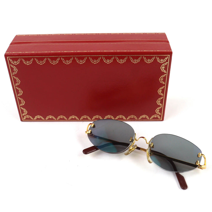 美品△Cartier カルティエ ヴィンテージ 2Cデコール ツーポイント リムレス サングラス ゴールド ボルドー □16 130 度入り ケース付き
