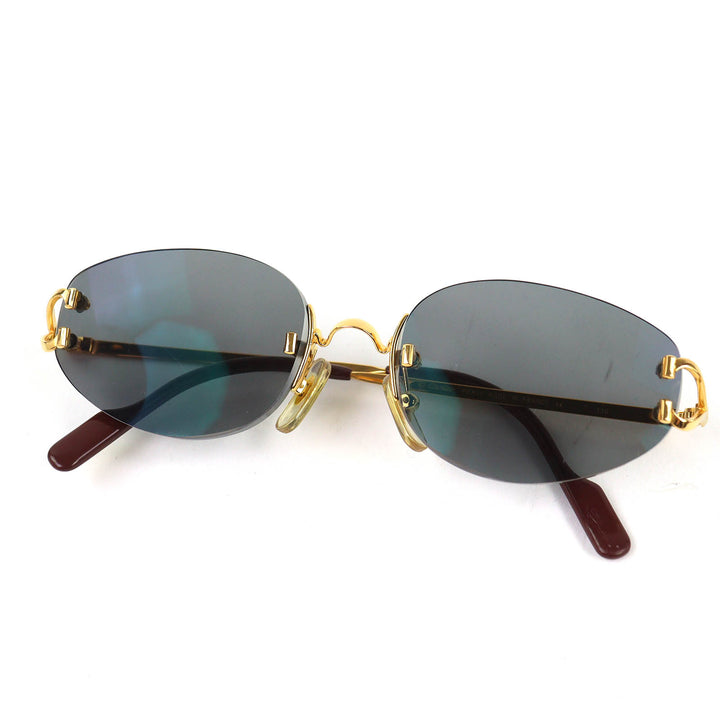美品△Cartier カルティエ ヴィンテージ 2Cデコール ツーポイント リムレス サングラス ゴールド ボルドー □16 130 度入り ケース付き