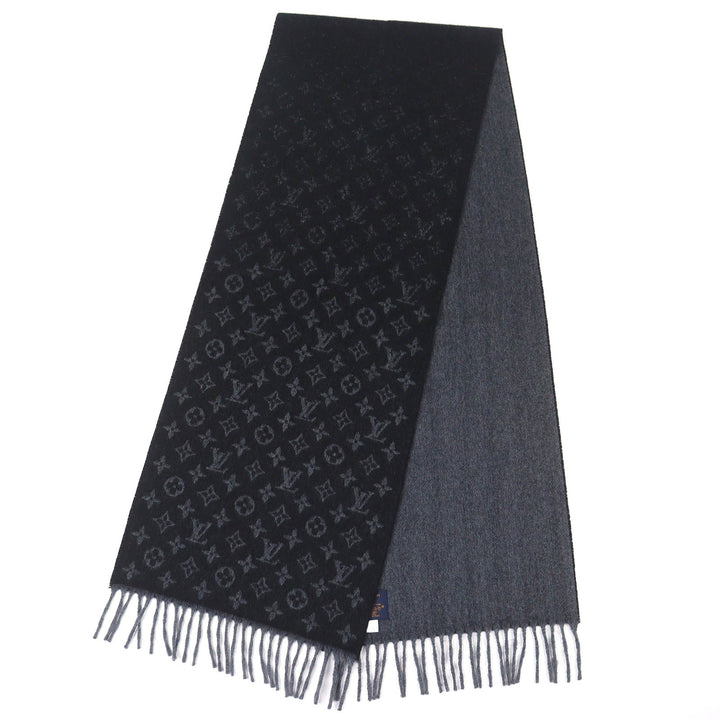 美品△LOUIS VUITTON ルイヴィトン M71607 モノグラム グラディエント カシミヤ ウール マフラー ノワール イタリア製 正規品 メンズ