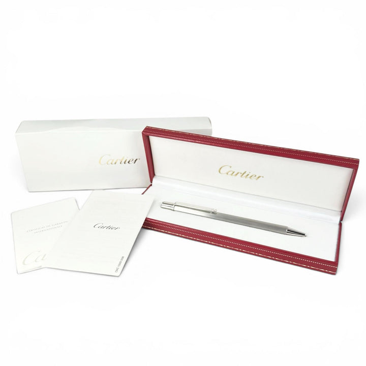極美品▲Cartier カルティエ マスト ドゥ カルティエ ロゴ刻印 ヘアライン ツイスト式 ボールペン シルバー フランス製 メンズ 箱付き