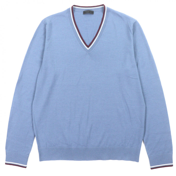 美品▼PRADA プラダ UMA793 ウール シルク Vネック ラインデザイン 薄手 ハイゲージニット セーター ブルー 52 イタリア製 正規品 メンズ