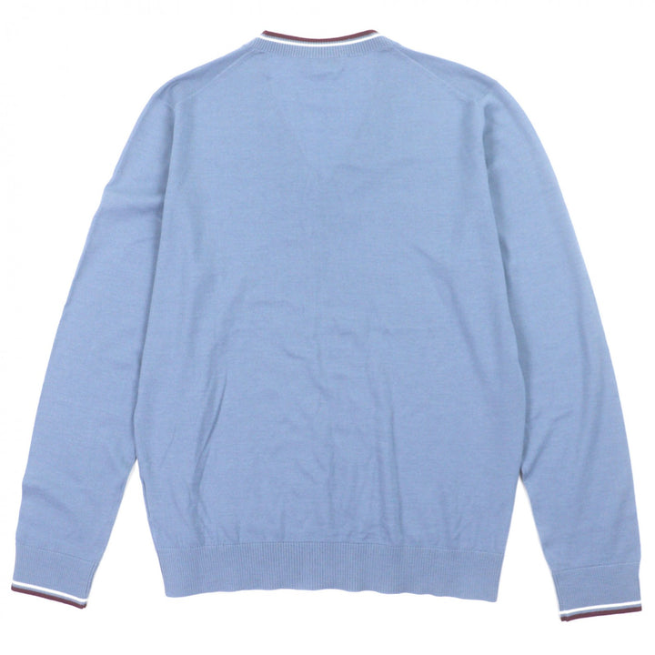 美品▼PRADA プラダ UMA793 ウール シルク Vネック ラインデザイン 薄手 ハイゲージニット セーター ブルー 52 イタリア製 正規品 メンズ