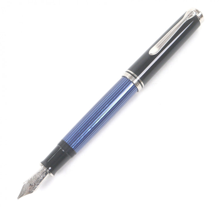 極美品□PERIKAN ペリカン M805 スーベレーン ペン先750 BBニブ ストライプ キャップ式 万年筆 ブラック ブルー 箱付き ドイツ製 メンズ
