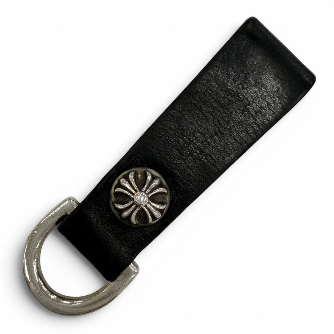 美品◇CHROME HEARTS クロムハーツ レザー 925 Dカン クロスボールボタン ベルトループ キーホルダー ブラック シルバー 重量21.3g