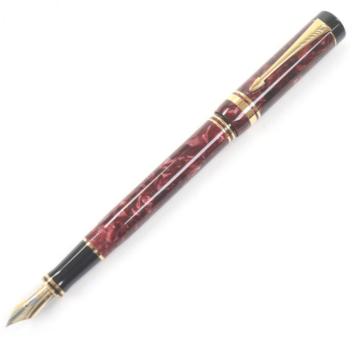 美品□PARKER パーカー ヴィンテージ ペン先18K Fニブ デュオフィールド インターナショナル 90s 万年筆 マーブルレッド ゴールド 英国製