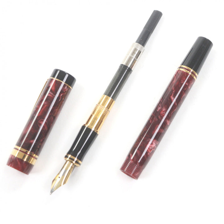 美品□PARKER パーカー ヴィンテージ ペン先18K Fニブ デュオフィールド インターナショナル 90s 万年筆 マーブルレッド ゴールド 英国製