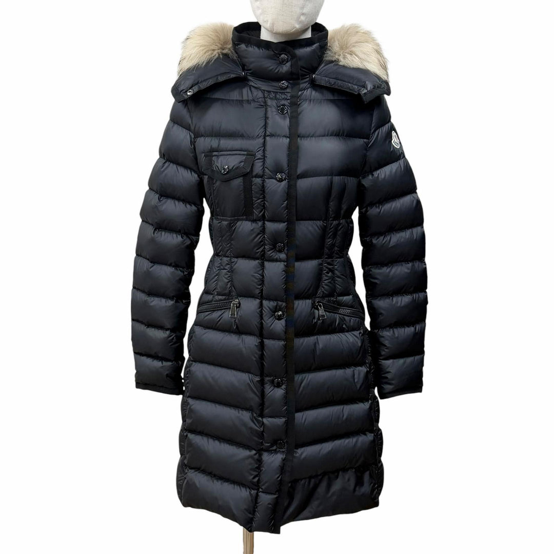 良品◇MONCLER モンクレール HERMIFUR ロゴワッペン フード ラクーンファー付き ダブルジップ ダウンコート ブラック 0 レディース