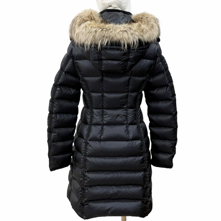 良品◇MONCLER モンクレール HERMIFUR ロゴワッペン フード ラクーンファー付き ダブルジップ ダウンコート ブラック 0 レディース