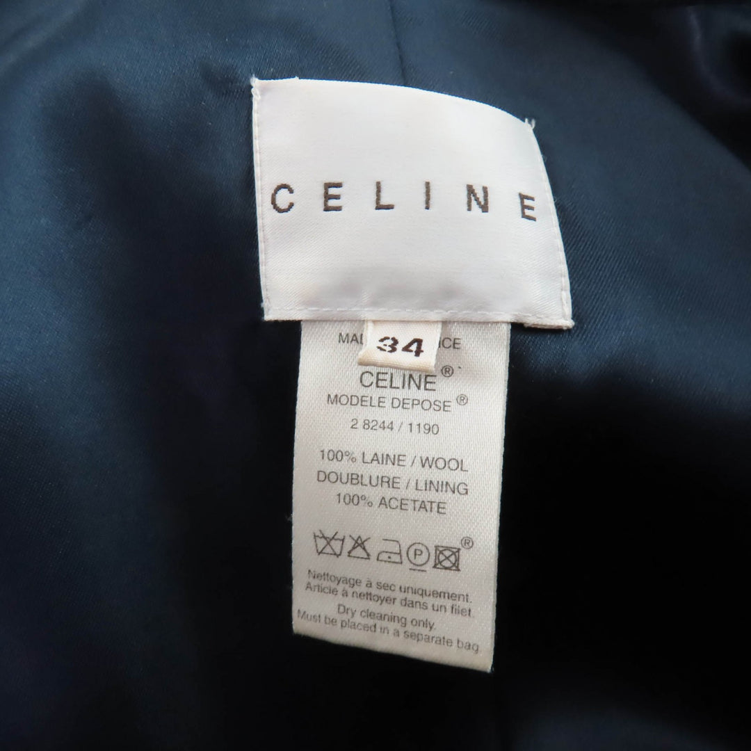 美品★CELINE セリーヌ ヴィンテージ ウール100％ ロゴバックルベルト付 比翼仕立て コート グリーン 34 フランス製 正規品 レディース