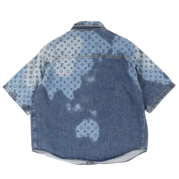 極美品△LOUIS VUITTON ルイヴィトン 24SS コットン100％ モノグラムグラデーション ショートスリーブ デニムシャツ インディゴ L 正規品