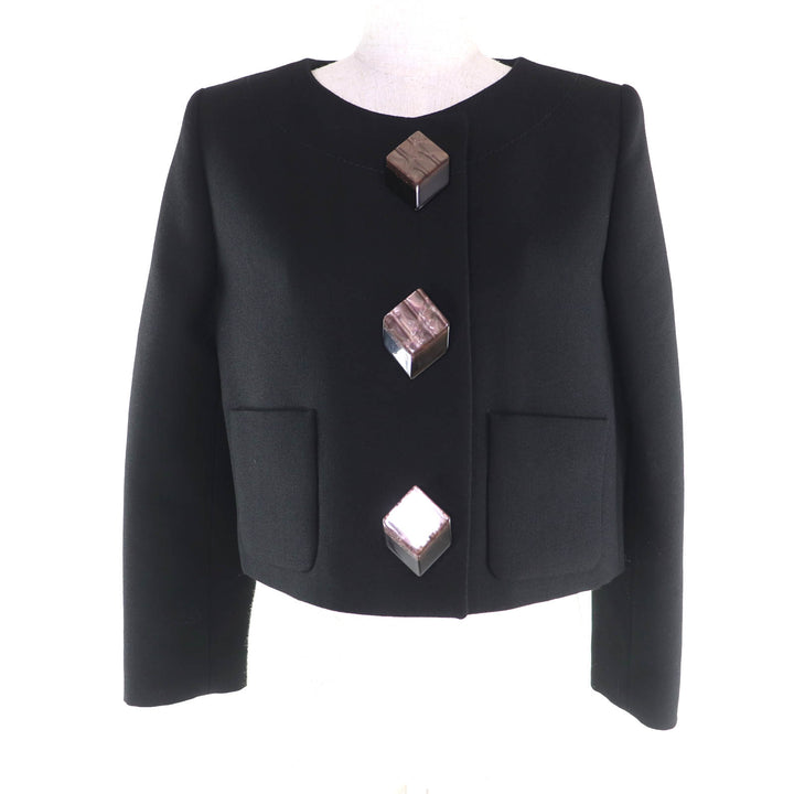 極美品★GUCCI グッチ 731312 裏地シルク100％ ドライウール デザインボタン付 ノーカラー ジャケット ブラック 36 イタリア製 正規品