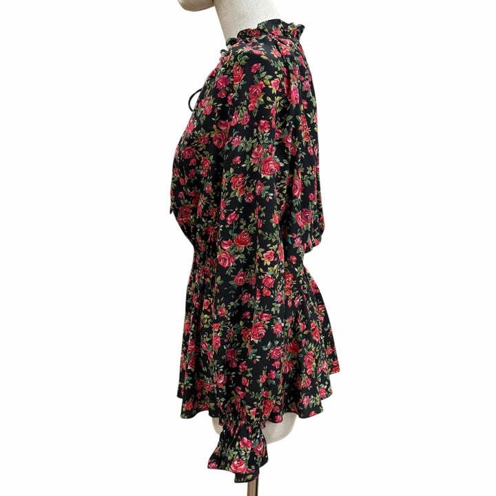 極美品◇DOLCE&amp;GABBANA ドルチェ＆ガッバーナ シルク100％ 花柄 フリルカラー ブラウス ブラック マルチ 44 伊製 正規品 レディース