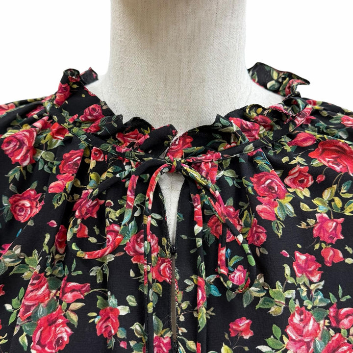 極美品◇DOLCE&amp;GABBANA ドルチェ＆ガッバーナ シルク100％ 花柄 フリルカラー ブラウス ブラック マルチ 44 伊製 正規品 レディース