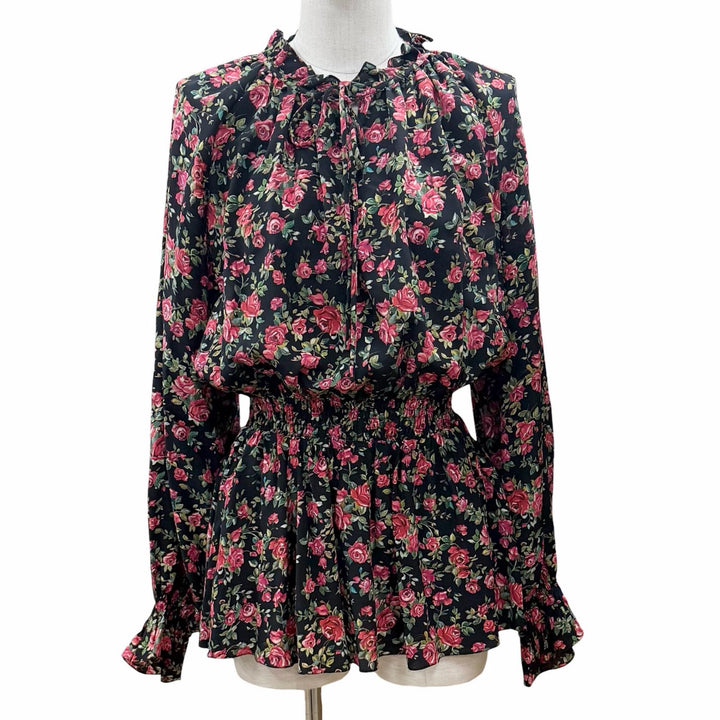 極美品◇DOLCE&amp;GABBANA ドルチェ＆ガッバーナ シルク100％ 花柄 フリルカラー ブラウス ブラック マルチ 44 伊製 正規品 レディース