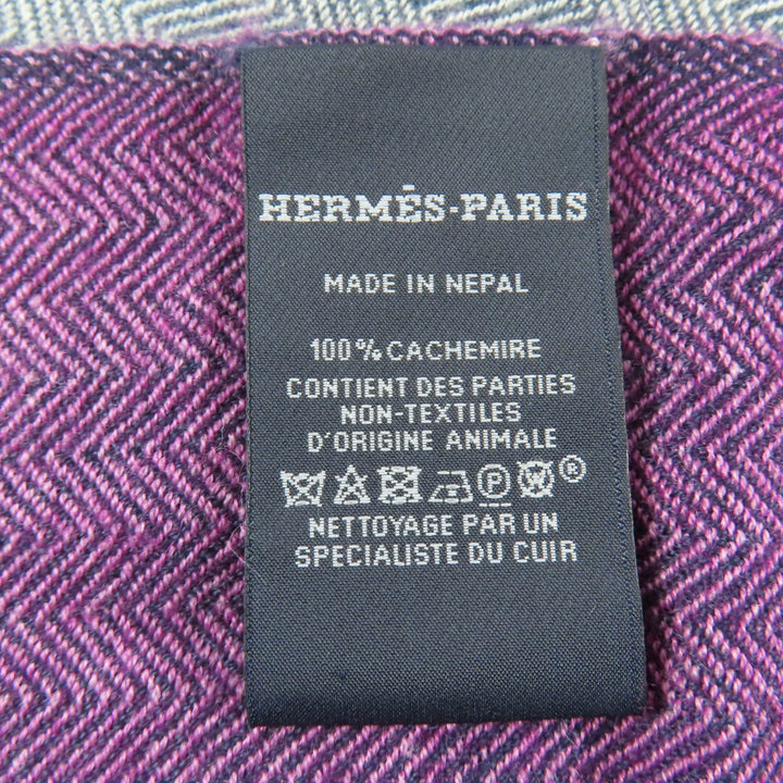 美品☆HERMES エルメス カシミヤ100％ Hロゴレザーパッチ フリンジ付 大判ショール ストール パープル ネイビー レディース