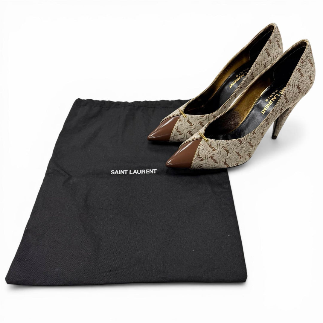 極美品◇SAINT LAURENT PARIS サンローランパリ 639634 YSLロゴ総柄 ファブリック レザー パンプス ブラウン系 35 保存袋付き イタリア製