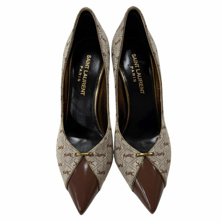 極美品◇SAINT LAURENT PARIS サンローランパリ 639634 YSLロゴ総柄 ファブリック レザー パンプス ブラウン系 35 保存袋付き イタリア製