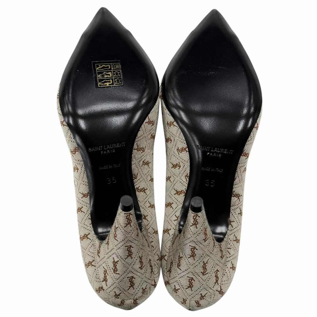 極美品◇SAINT LAURENT PARIS サンローランパリ 639634 YSLロゴ総柄 ファブリック レザー パンプス ブラウン系 35 保存袋付き イタリア製