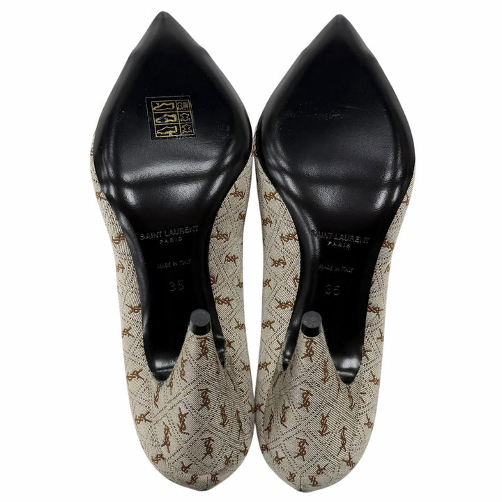 極美品◇SAINT LAURENT PARIS サンローランパリ 639634 YSLロゴ総柄 ファブリック レザー パンプス ブラウン系 35 保存袋付き イタリア製
