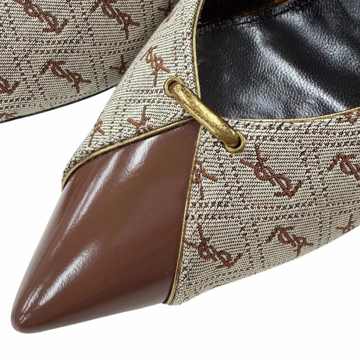 極美品◇SAINT LAURENT PARIS サンローランパリ 639634 YSLロゴ総柄 ファブリック レザー パンプス ブラウン系 35 保存袋付き イタリア製