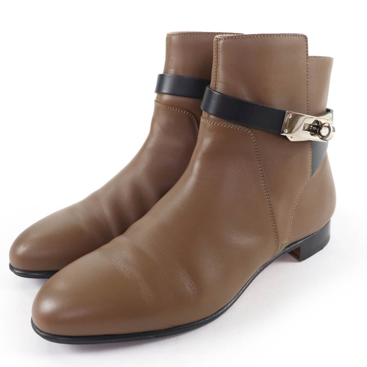美品☆HERMES エルメス ネオ シルバー金具 ケリーバックル レザー ショートブーツ ブラウン ブラック 37.5 箱付き イタリア製 レディース