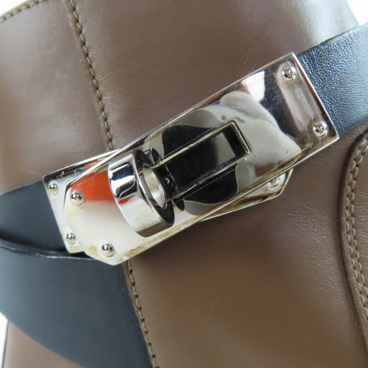 美品☆HERMES エルメス ネオ シルバー金具 ケリーバックル レザー ショートブーツ ブラウン ブラック 37.5 箱付き イタリア製 レディース