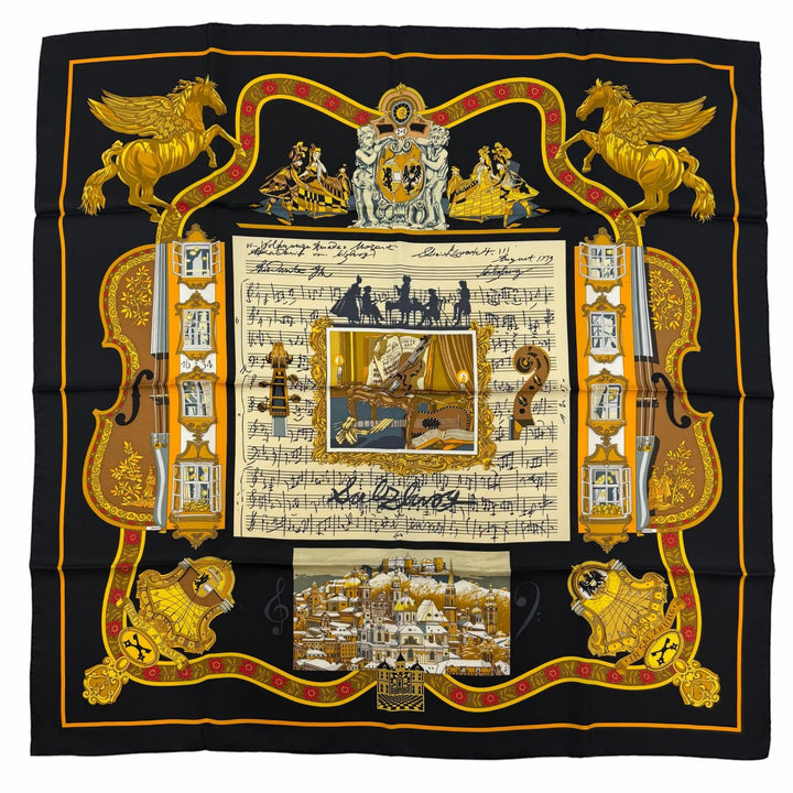 極美品☆HERMES エルメス カレ90 IN SALZBURG ザルツブルグにて シルク100％ スカーフ ブラック系 フランス製 レディース 箱付き