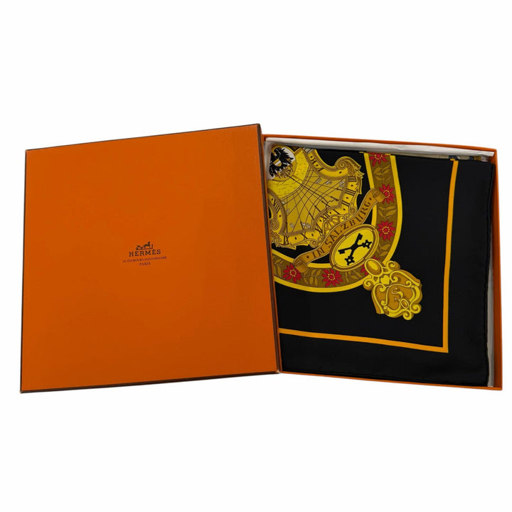 極美品☆HERMES エルメス カレ90 IN SALZBURG ザルツブルグにて シルク100％ スカーフ ブラック系 フランス製 レディース 箱付き