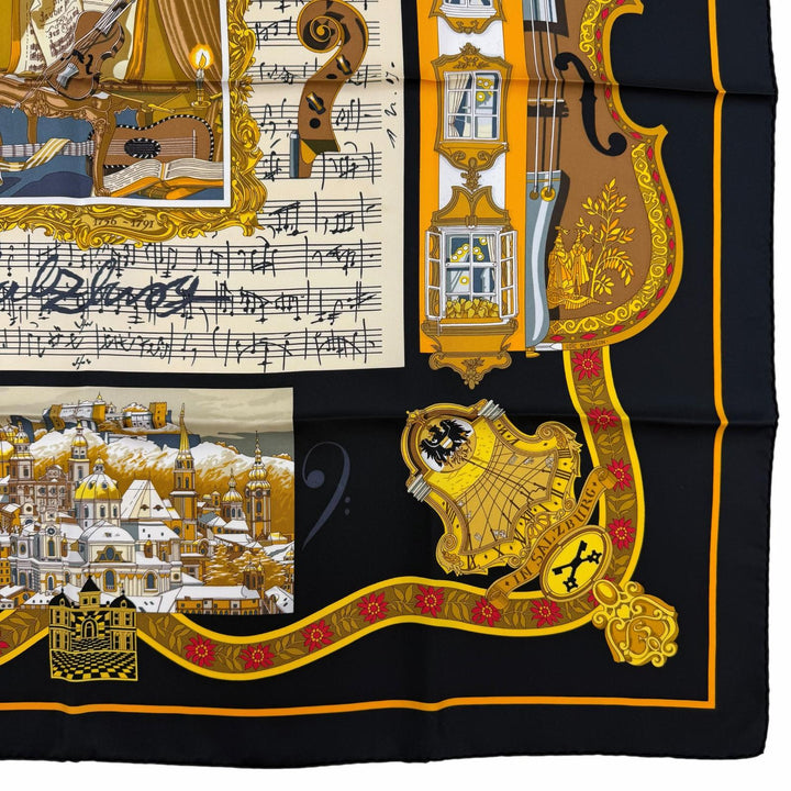極美品☆HERMES エルメス カレ90 IN SALZBURG ザルツブルグにて シルク100％ スカーフ ブラック系 フランス製 レディース 箱付き