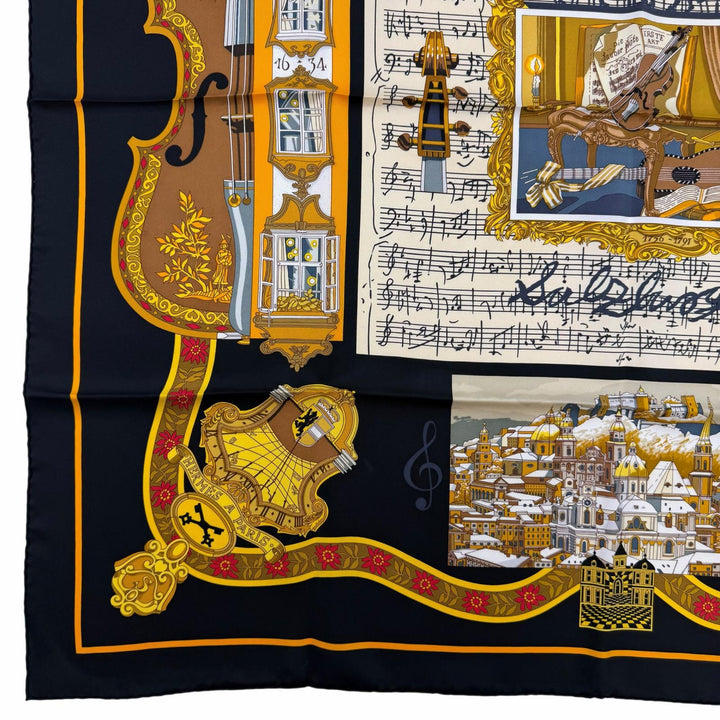 極美品☆HERMES エルメス カレ90 IN SALZBURG ザルツブルグにて シルク100％ スカーフ ブラック系 フランス製 レディース 箱付き
