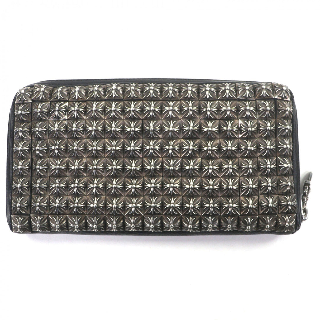 極美品▼CHROME HEARTS クロムハーツ レザー 925 REC F ZIP フルゼロピラミッドスタッズ ラウンドファスナー 長財布 ブラック シルバー