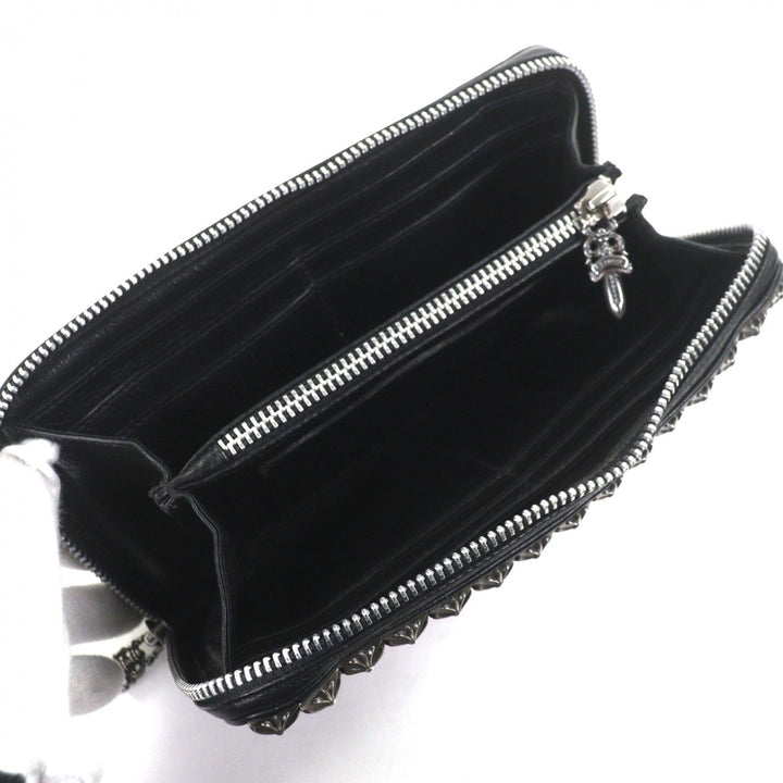 極美品▼CHROME HEARTS クロムハーツ レザー 925 REC F ZIP フルゼロピラミッドスタッズ ラウンドファスナー 長財布 ブラック シルバー
