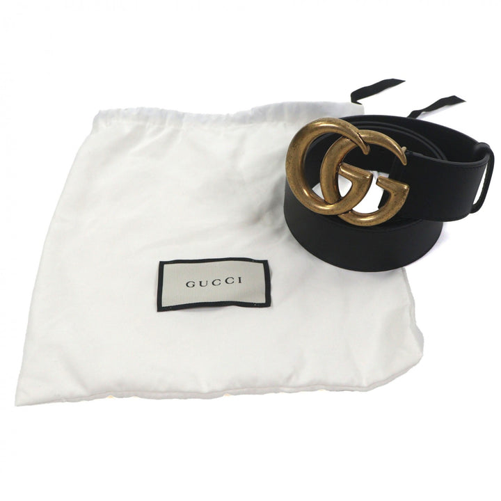 美品▼GUCCI グッチ 400593 ダブルG ワイドベルト レザー GGマーモントバックル ブラック ゴールド金具 90・36 保存袋付き 伊製 メンズ