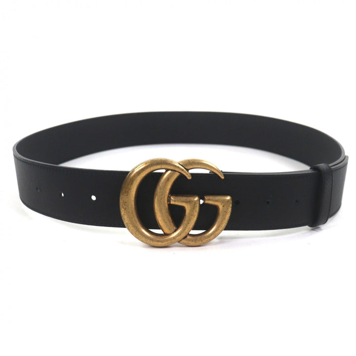 美品▼GUCCI グッチ 400593 ダブルG ワイドベルト レザー GGマーモントバックル ブラック ゴールド金具 90・36 保存袋付き 伊製 メンズ