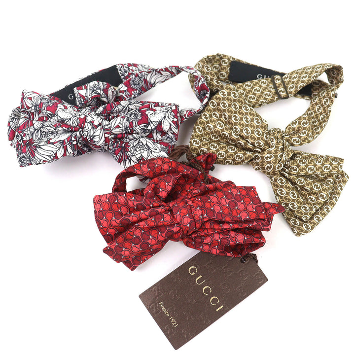 極美品△GUCCI グッチ シルク100% ロゴ 総柄デザイン ストール 蝶ネクタイ 計4点セット ブラック ブラウン系 レッド系 イタリア製 メンズ