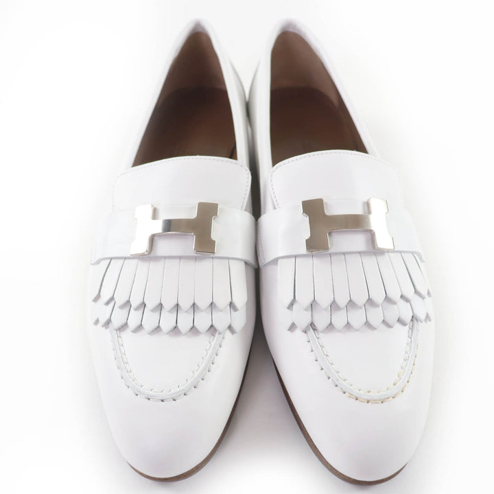 未使用品☆HERMES エルメス モカシンパリ ロワイヤル シルバー金具 Hバックル フリンジ付 レザー ローファー ホワイト 35.5 レディース