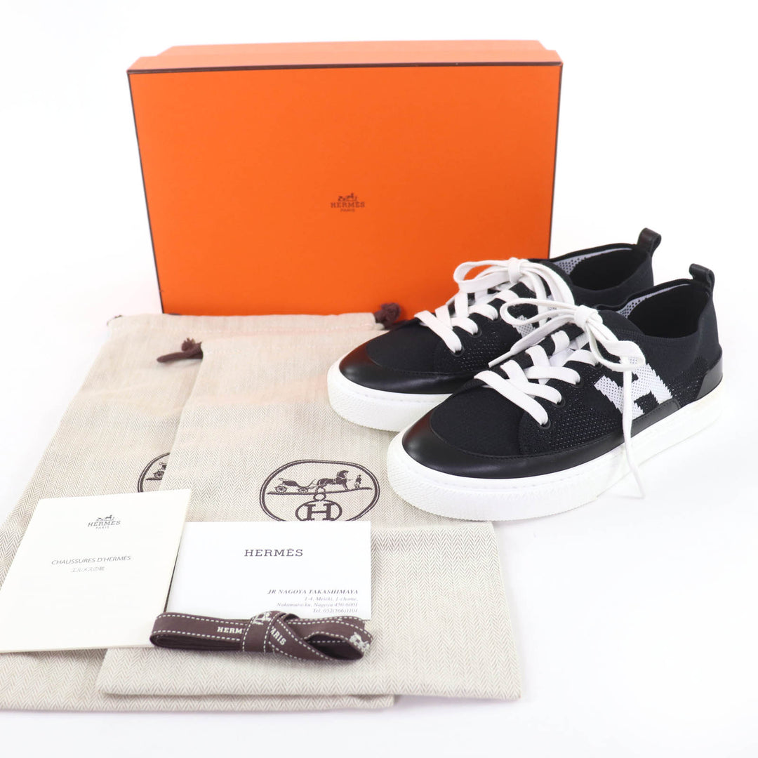 未使用品☆HERMES エルメス ディープ Hロゴ レザー使い ローカットスニーカー ブラック ホワイト 36 箱・保存袋付 イタリア製 レディース