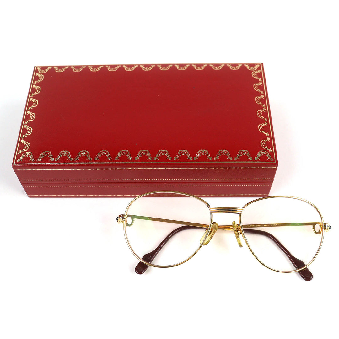 美品△Cartier カルティエ ヴィンテージ トリニティ 2Pブルージェムストーン メガネ 眼鏡 アイウェア ゴールド ボルドー 55□18 135 度入