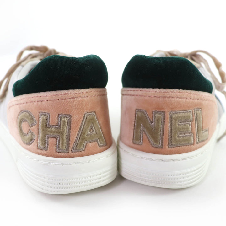 美品☆CHANEL シャネル G36295 ロゴ入り レースアップ ベルベット レザー ローカットスニーカー マルチカラー 37 イタリア製 レディース