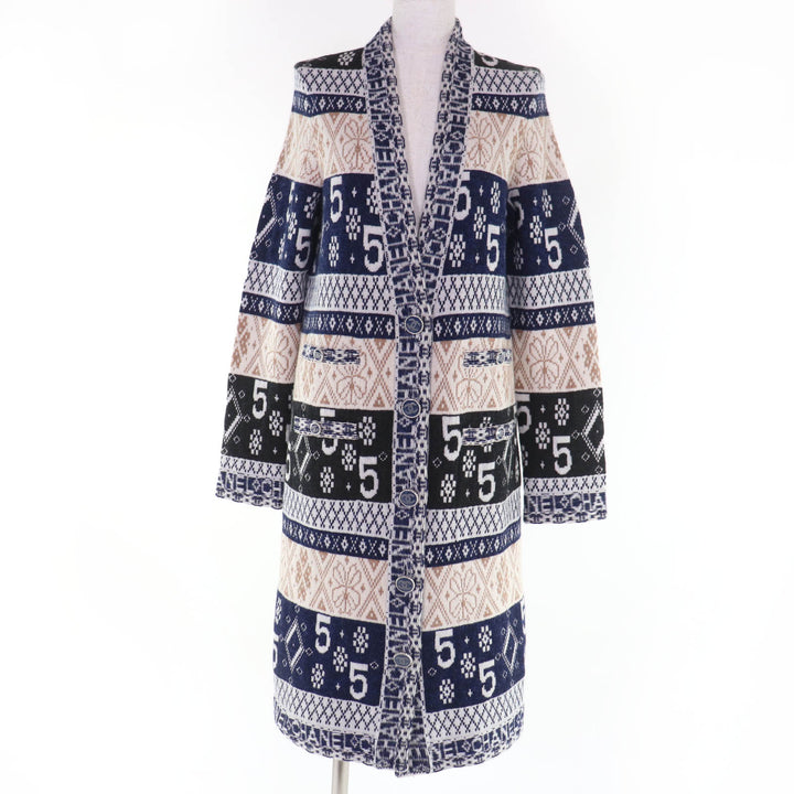 極美品☆CHANEL シャネル P65175K60935 カシミヤ100％ ココボタン ロゴ総柄 長袖ニット ロング カーディガン 38 正規品 レディース