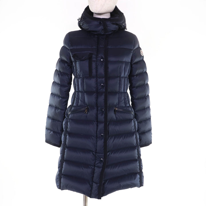 極美品☆MONCLER モンクレール HERMINE エルミンヌ ロゴワッペン・フード付 ZIP UP ダウンコート ネイビー 0 国内正規品 レディース