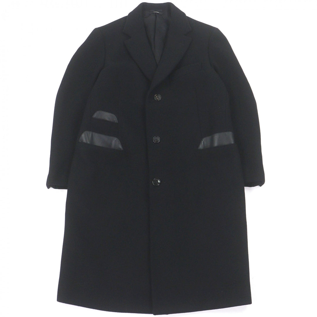 極美品□HERMES エルメス カシミヤ100％ ラムレザーパイピング シングル チェスターコート ロングコート ブラック 50 イタリア製 メンズ
