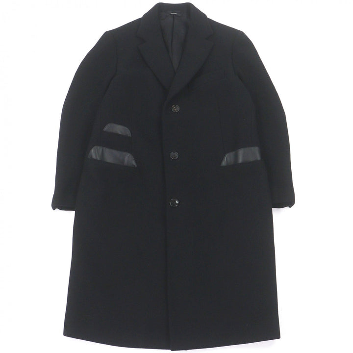 極美品□HERMES エルメス カシミヤ100％ ラムレザーパイピング シングル チェスターコート ロングコート ブラック 50 イタリア製 メンズ