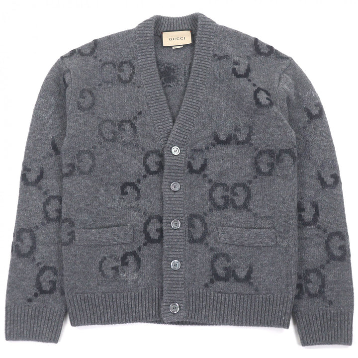 極美品□GUCCI グッチ ウール ジャンボGG 770507 ロゴ総柄 ロングスリーブ ニットカーディガン セーター グレー XS イタリア製 正規品