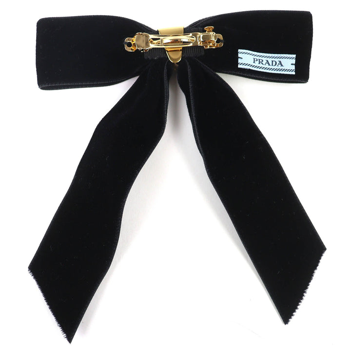 美品△PRADA プラダ 1IF154 トライアングルロゴ 三角プレート ベルベット リボン バレッタ ヘアクリップ ヘアアクセサリー ブラック