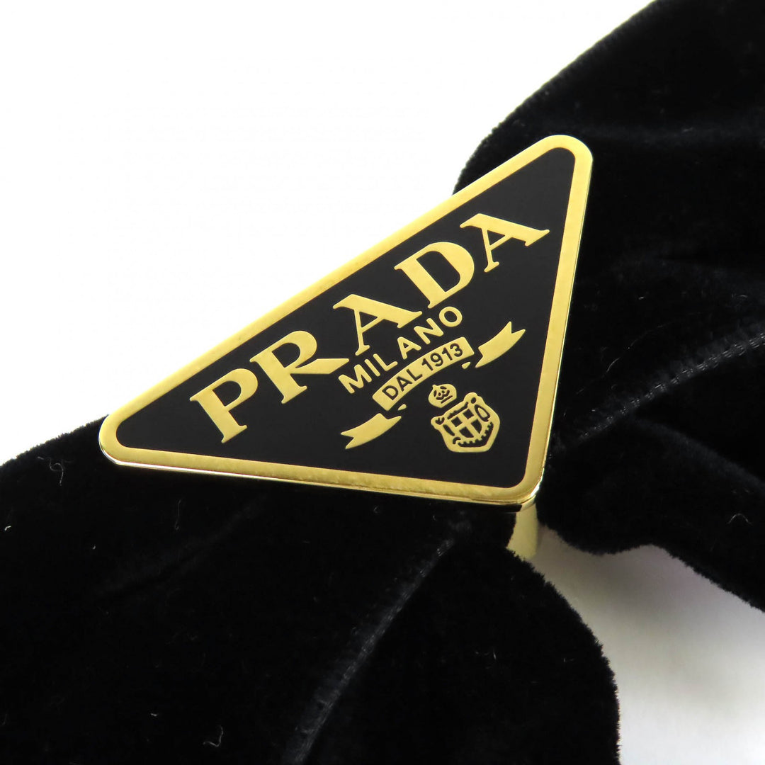 美品△PRADA プラダ 1IF154 トライアングルロゴ 三角プレート ベルベット リボン バレッタ ヘアクリップ ヘアアクセサリー ブラック