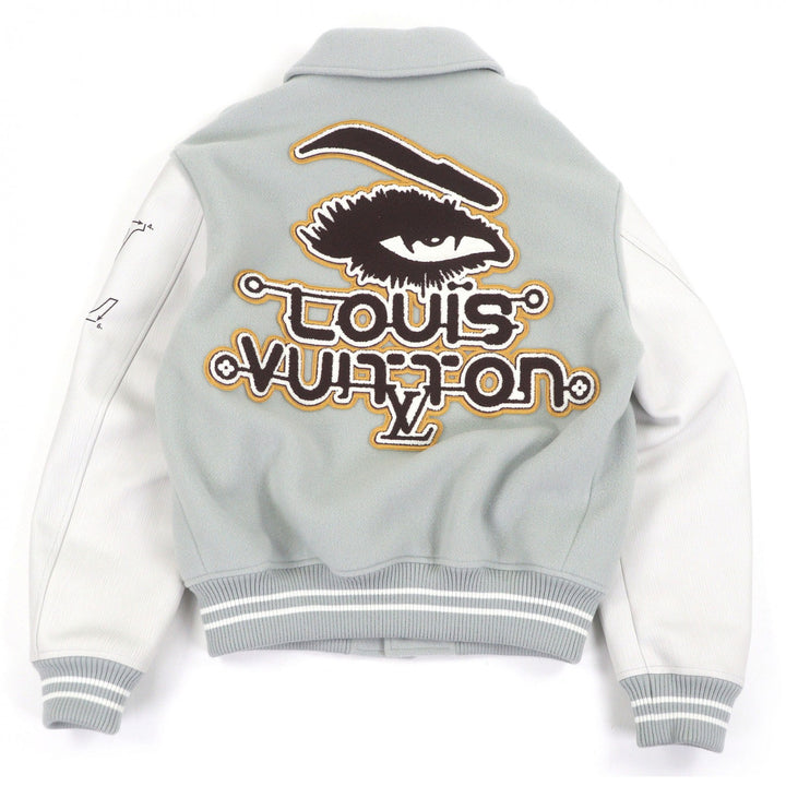 極美品□LOUIS VUITTON ルイヴィトン 23AW ワッペン付き 袖レザー スタジャン ブルーグレー ホワイト 46 イタリア製 正規品 メンズ